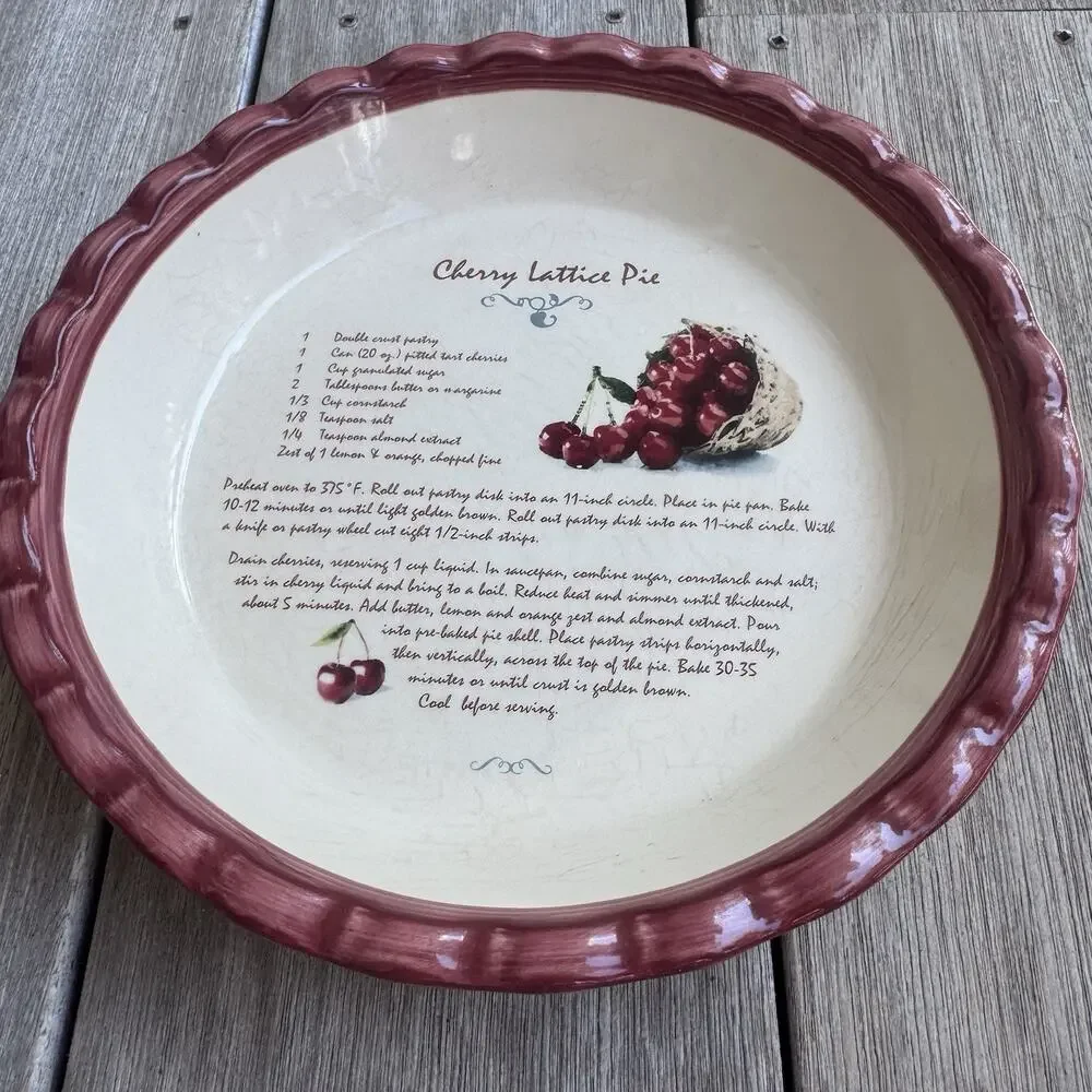 Cherry Lattice Pie Fluted Edge Deep Dish Plate Ceramic 9 in Recipe Cottagecore